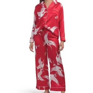 DALIA MACPHEE M & L Red White Satin Ibis Bird Print Long Sleeve Long Pant PJ Set